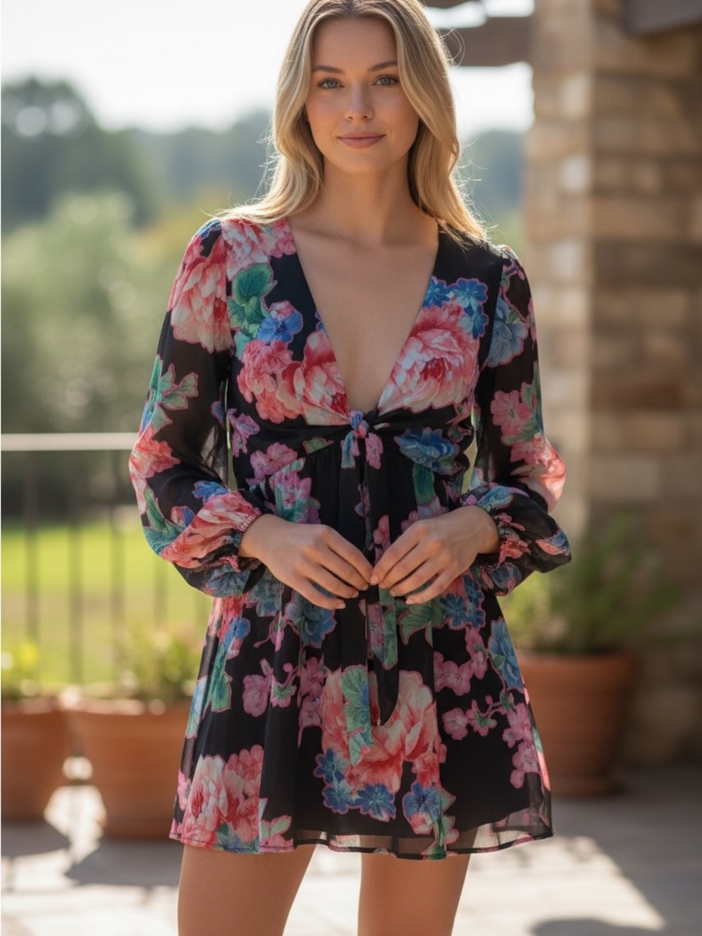Nasty Gal Black Chiffon Floral Tie-Front Dress with Pink & Blue Blooms NWT